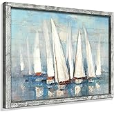 Coastal Framed Painting Wall Art: Abstract Ocean Artwork Seascape Picture Sailboat Prints on Wood in Modern Style for Bedroom 32"x24"