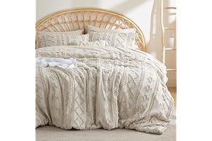 Bedsure Tufted Boho Comforter Set Queen - Linen Boho Bedding Comforter Set, 3 Pieces Farmhouse Shabby Chic Embroidery Bed Set, Soft Jacquard Comforter for Women Men Girls