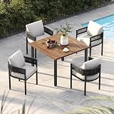 Grand patio 5-Piece Outdoor Dining Set for 4, Metal Woven Wicker Fixed Patio Chairs with Thickened Cushions & 1 Square Woodgrain Dining Table with Umbrella Hole for Backyard Deck (Black)