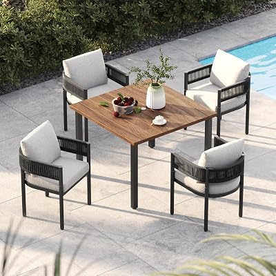 Grand patio 5-Piece Outdoor Dining Set for 4, Metal Woven Wicker Fixed Patio Chairs with Thickened Cushions & 1 Square Woodgrain Dining Table with Umbrella Hole for Backyard Deck (Black)