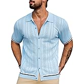 URRU Men's Knit Short Sleeve Shirts Button Down Vintage Knitted Polo Shirt Casual Summer Beach Vacation Textured Shirt