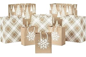 Hallmark Assorted Christmas Gift Bags, Recyclable Kraft Brown with Snowflake, Plaid and Trees (8 Bags: 3 Small 6", 3 Medium 9", 2 Large 13") for Holiday Parties, Hanukkah, Winter Weddings