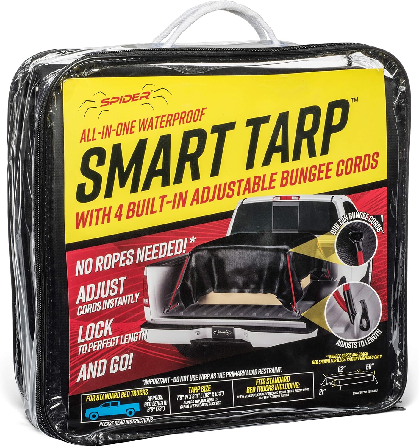 Amazon Com Spider Smart Tarp 7 8 X 8 8 Waterproof Heavy Duty Truck Tarp Bed Cover With 4 Built In Attached Adjustable Bungee Cords Cargo Net Alternative For Standard Bed Trucks Automotive