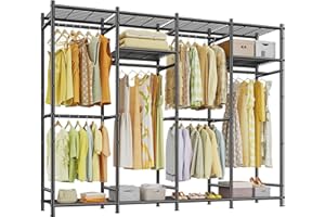 Raybee Portable Closet,Clothes Rack with 6 Hang Rods & 10 Shelves,Clothing Racks for Hanging Clothes,Metal Garment Rack for Bedroom,Large Capacity,Adjustable,Stury 77.9" W x 15.7" D x 76.8" H Black