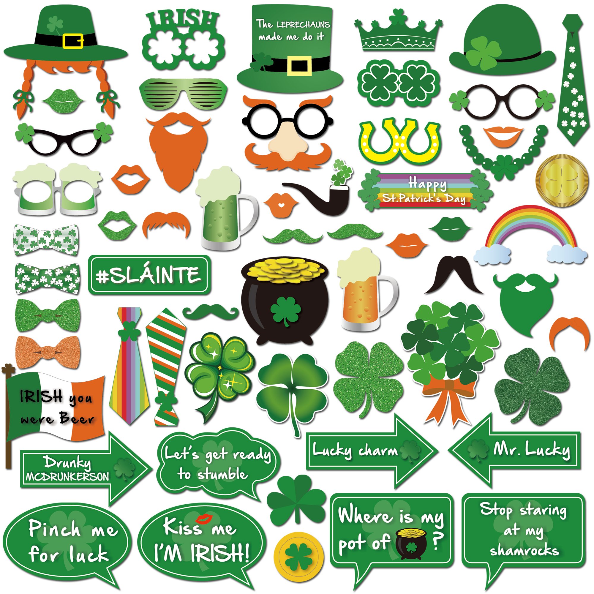 HOWAF 59pcs Funny St Patricks Day Accessories Shamrock Glasses Irish Party Photo Booth Props for Kids Adults St Patricks Day Decorations Paddys Day Accessories Irish Decorations Party Supplies
