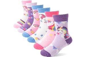 ANTSANG Kids Girls Toddlers Fuzzy Grips Socks with Grippers Non Slip Fluffy Warm Cozy Cabin Plush Crew Socks 6 Pairs