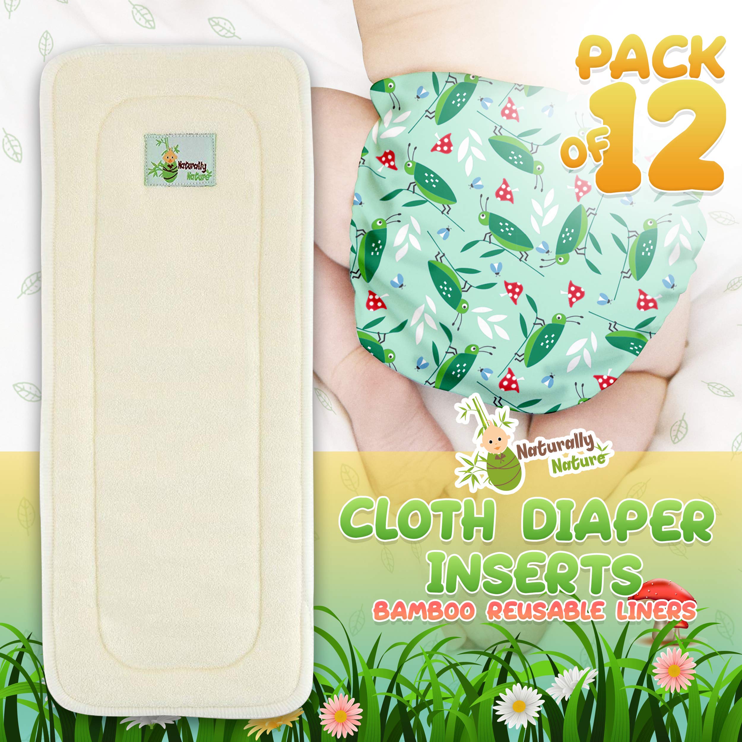 Naturally Natures Cloth Diaper Inserts 5 Layer Insert Bamboo Reusable Liners (Pack of 12