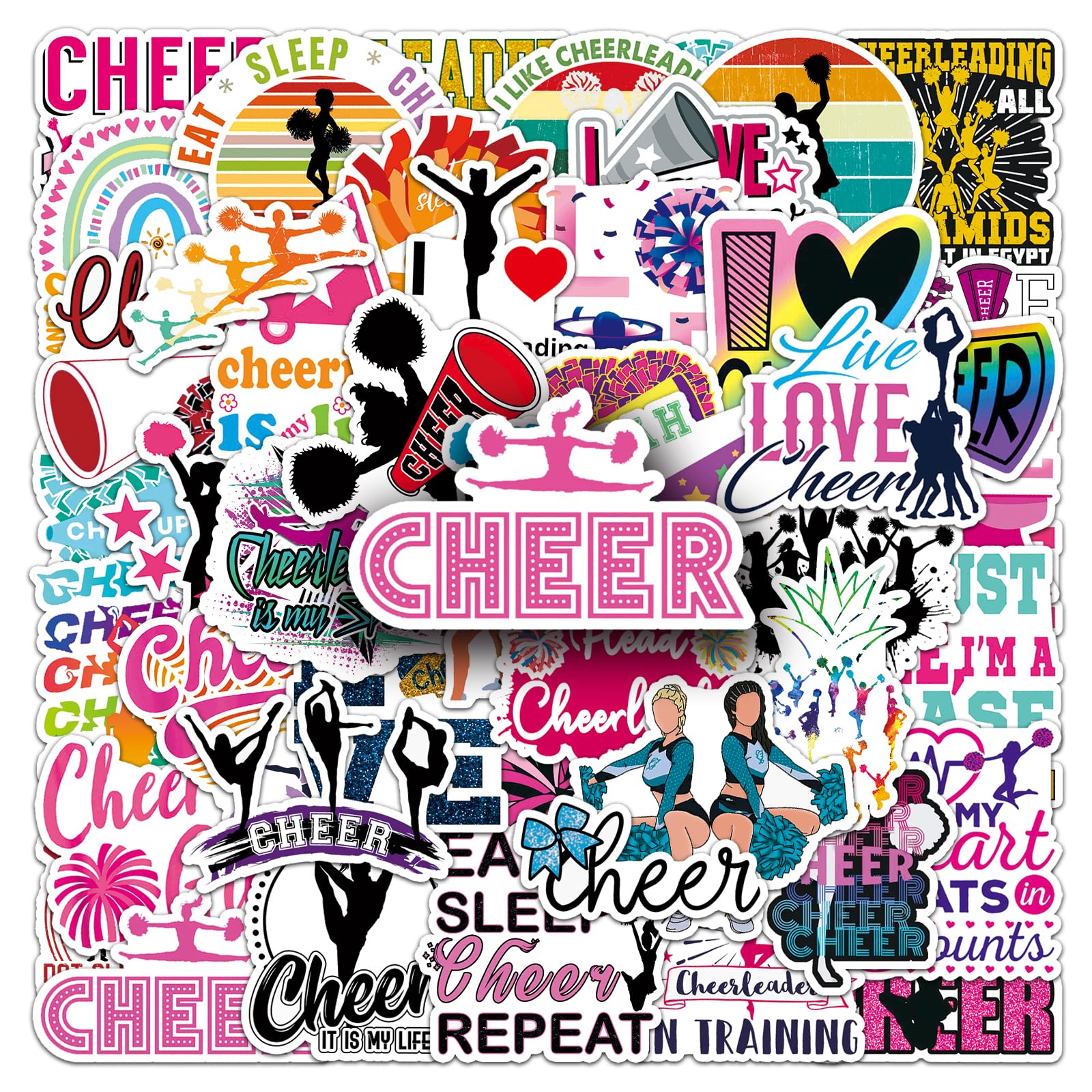 Photo 1 of 100 Pcs Cheer Stickers, Vinyl Waterproof Cheerleader Stickers for Water Bottles, Laptop, Notebook, Scrapbook, Luggage, Cell Phone, Helmet, Party Favors