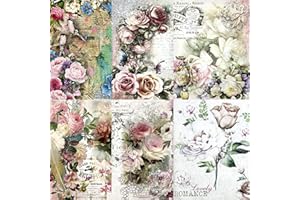 USNYABNI Rose Theme Mulberry Rice Paper, 8 x 10.5 inch - 6 x Different Printed Mulberry Paper Images 30gsm Visible Fibres for Decoupage Crafts Mixed Media Collage Art