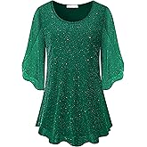 SeSe Code Womens Ruffle 3/4 Sleeve Mesh Blouses Loose Flowy Tops Stretchy Shirts