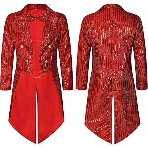 Cvszvx Men's Sequin Tailcoat Tuxedo Jacket Shiny Blazer Coat with Bow Tie Circus Magician Victorian Costume for Halloween