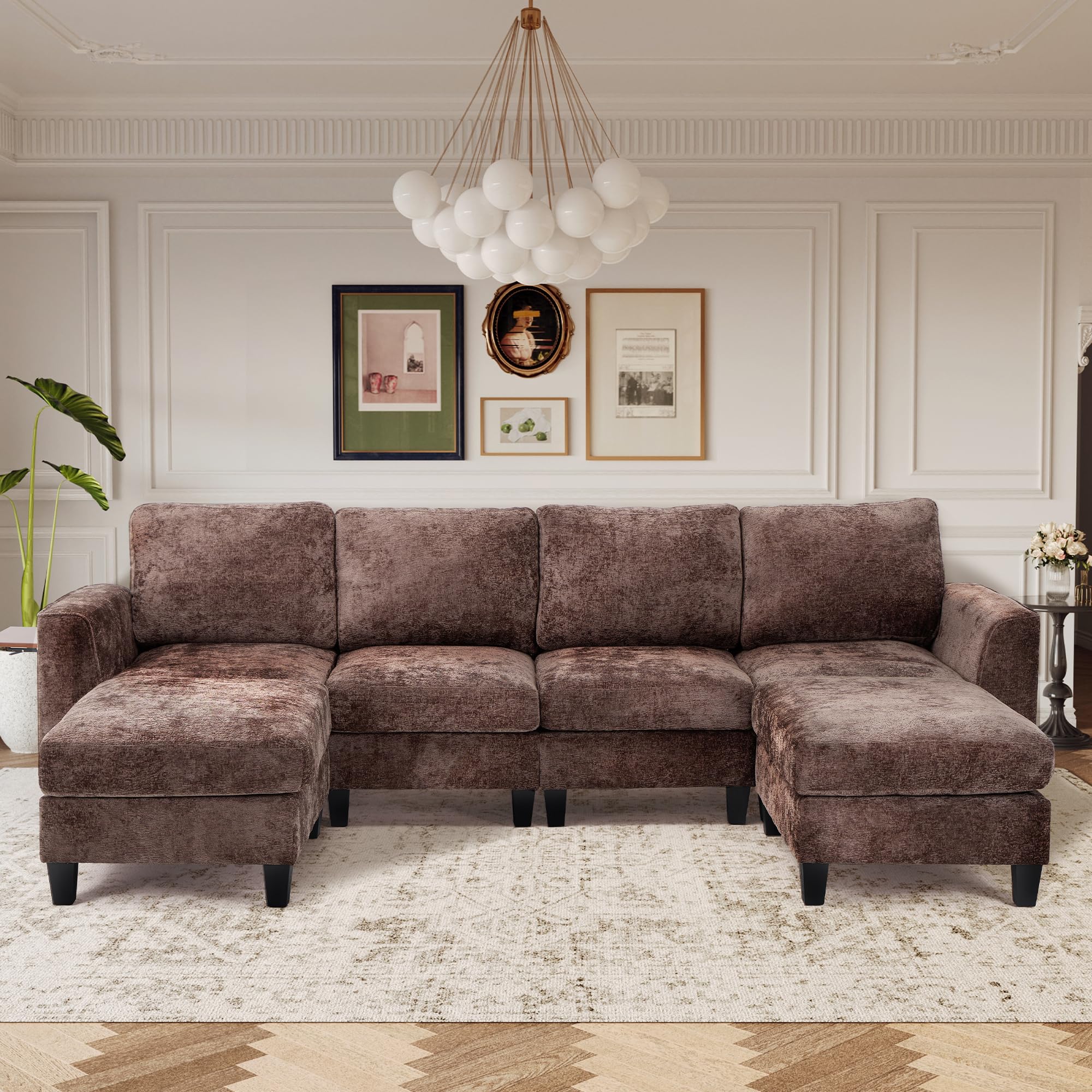 Photo 1 of **Missing PIECES---- SELLING FOR PARTS---****COLAMY 118" U-Shaped Sectional Couch, 4-Seat Modular Sofa with 2 Ottomans and Foldable Side Table, Brown for Living Room