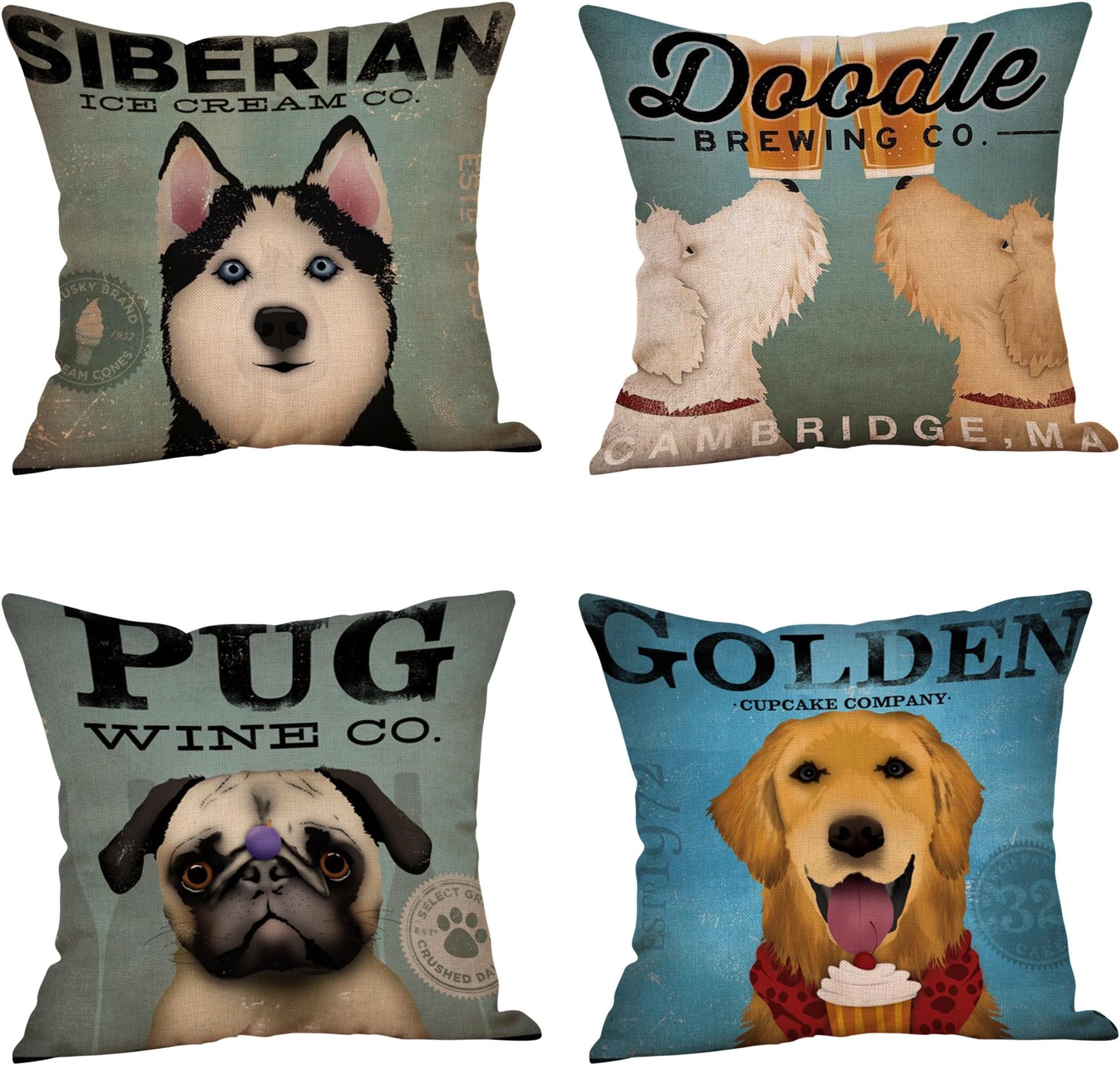 VIGVOG Father’s Day Gifts Cushion Cover Linen Happy Father's Day,I Love Papa,I Love Dad,Cute Dog Throw Pillow Cover For Decorative Home Sofa Couch 18" x 18", 4 Packs (Style d)