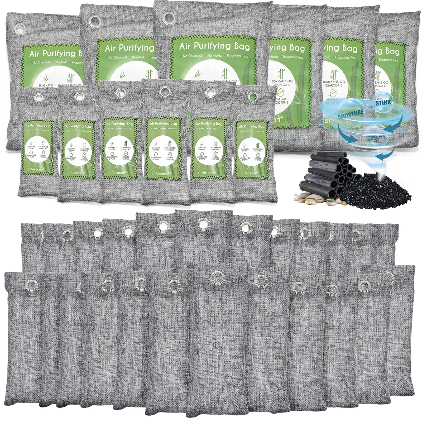 36 Pack Bamboo Charcoal Air Purifying Bag, Activated Charcoal Bags Odor Absorber, Moisture Absorber, Natural Car Air Freshener, Shoe Deodorizer, Odor Eliminators For Home, Pet, Closet