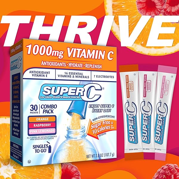 SUPER C SINGLES TO GO POWDER PACKETS, WATER DRINK MIX, VARIETY PACK, ORANGE, RASPBERRY & PINK LEMONADE, ON-THE-GO, 30 COUNT