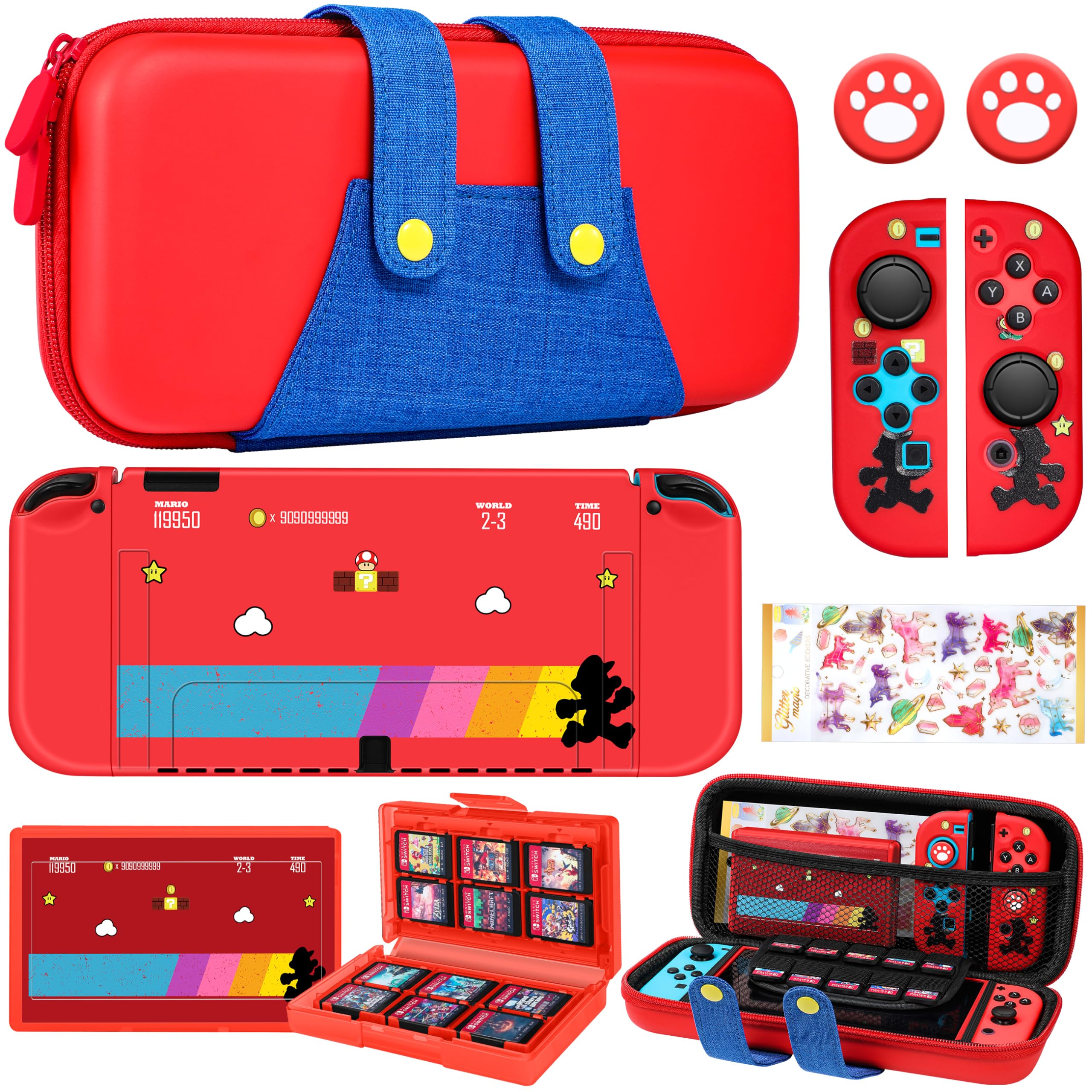 Photo 1 of Gurgitat 8in1 Red Blue Maro Switch Oled Case for Nintendo Switch Oled Carrying Cases Boy Anime Protective Cover Dockable Skin, Thumb Grips, Game Holder, Sticker for Switch Oled Travel Case
