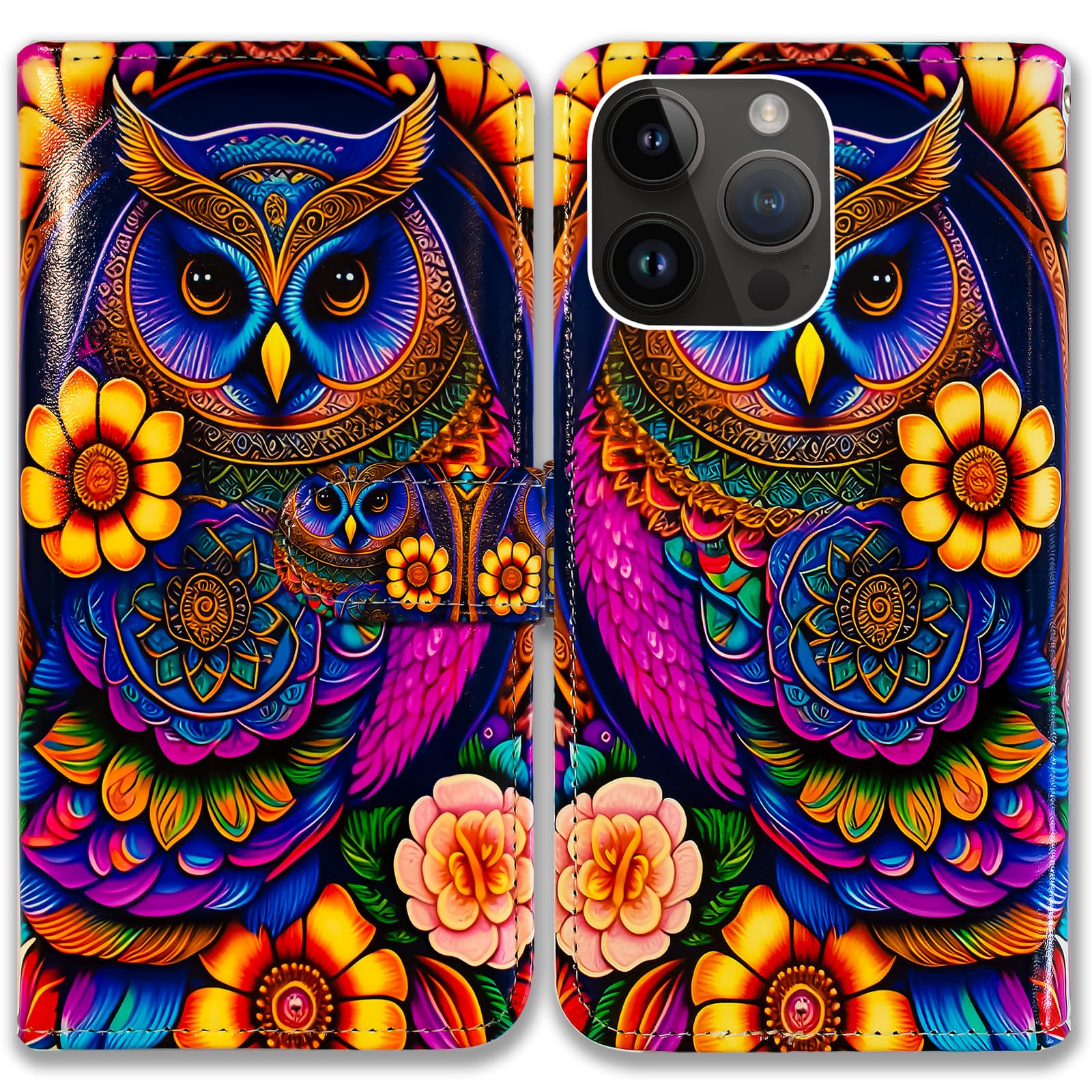 Bcov Case For iPhone 16 Pro,Colorful Owl Mandala Flower Leather Flip Phone Case Wallet Cover with Card Slot Holder Kickstand Case For Apple iPhone 16 Pro