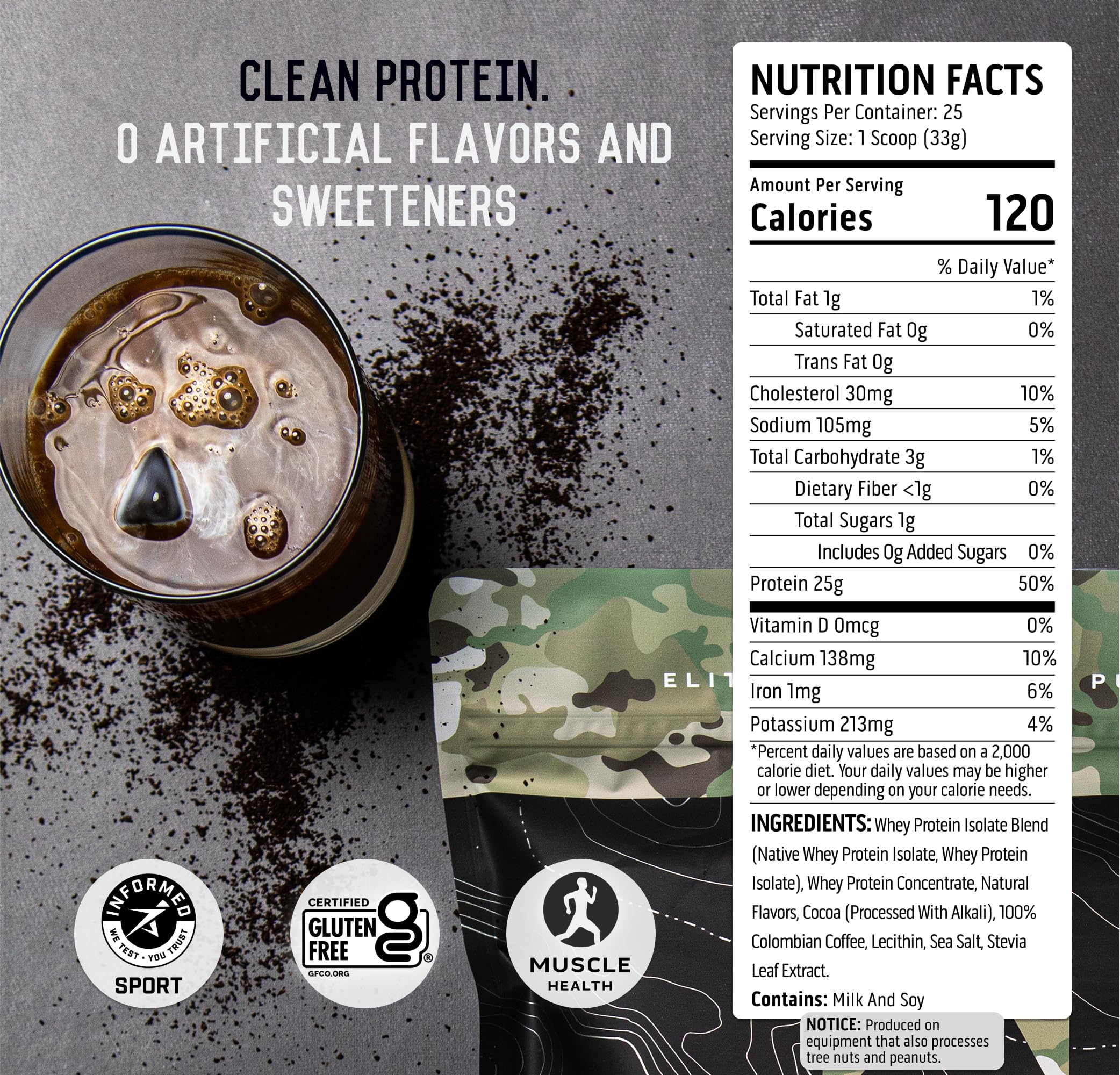 Ascent 100% Whey Protein Powder - Post Workout Whey Protein Isolate, Zero Artificial Flavors & Sweeteners, Gluten Free, 5.5g BCAA, 2.6g Leucine, Military Exclusive, Mocha Cold Brew 1.7 lb