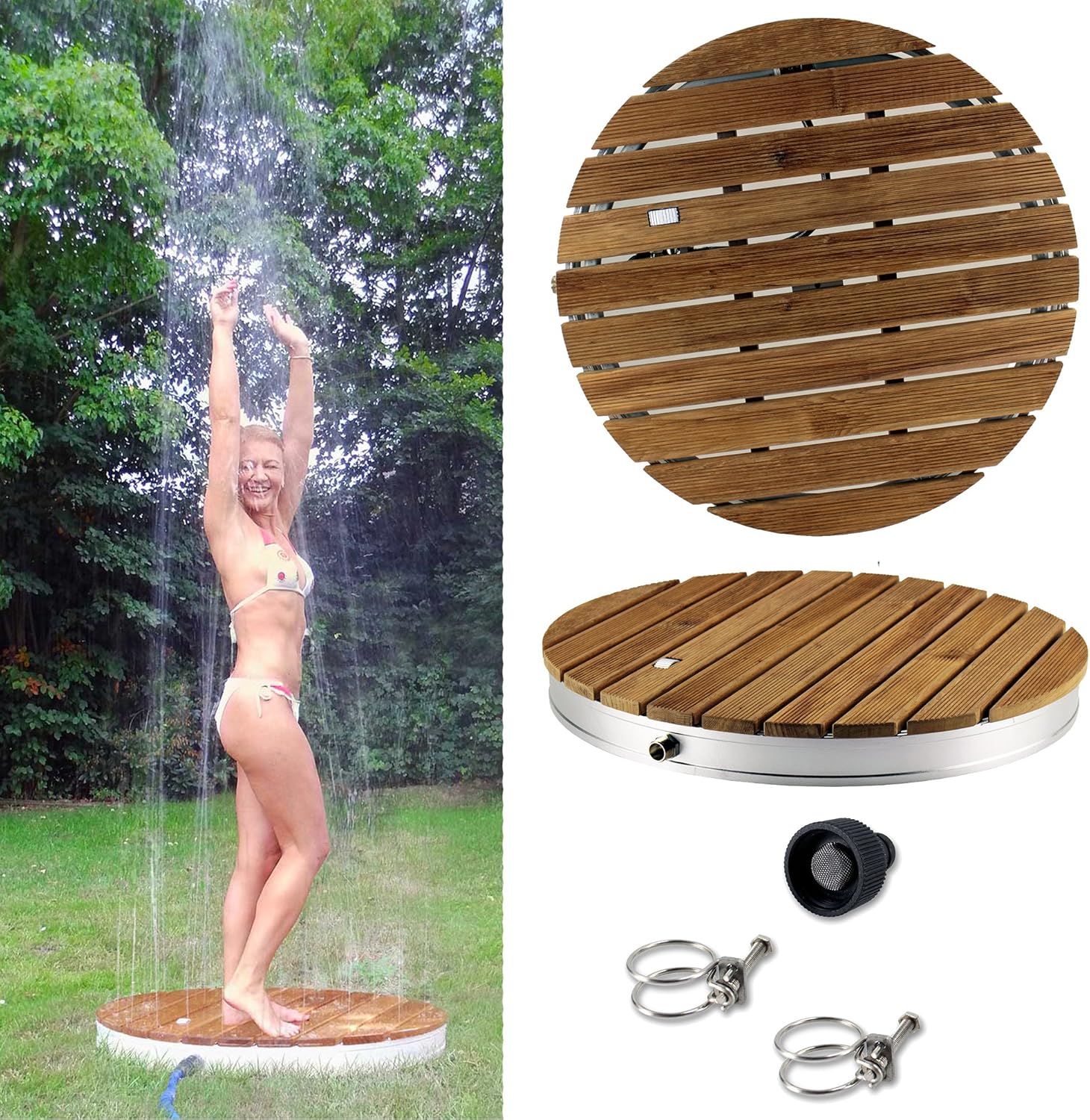 @tec Gartendusche Aussendusche aus massivem Teak-Holz, Mobile Bodendusche Campingdusche, Sauna- & Pool-Dusche rund mit Bodenplatte für den Garten, Outdoor Shower