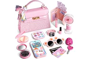 EOHEMERAL Little Girls Purse, 33PCS Toddler Purse with Pretend Makeup for Kids, My First Purse Set Includes Handbag, Phone, Wristwatch, Fans, Silk Scarf, Kids Play Purse for Girls Birthday Gift