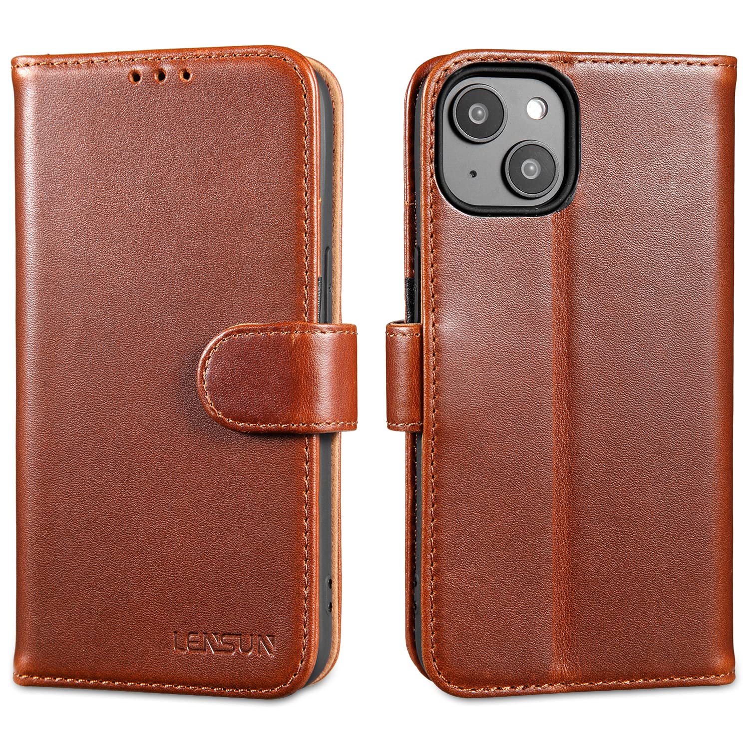 LENSUN Flip Case for iPhone 14 5G, Genuine Leather Wallet Phone Cover [RFID Blocking] with Card Holder and Magnetic Closure Compatible with Apple iPhone 14 - Dark Brown