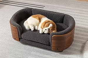 HomSof 26.38" Scandinavian Style Elevated Dog Cat Bed Pet Sofa with Solid Wood Legs and Bent Wood Back with Velvet Cushion,Small Size，Grey+Brown