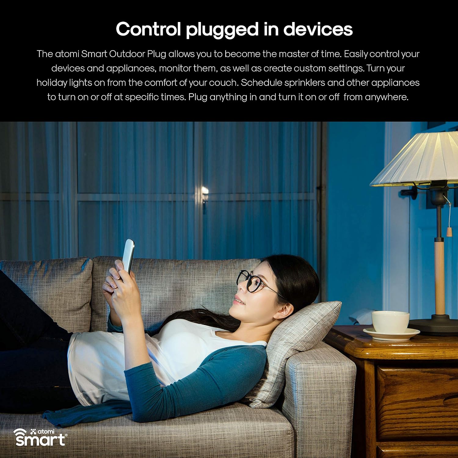 Atomi Smart Outdoor Plug WiFi works with Droid iOS control from any phone, great for holiday lights and lawn accessories - - 