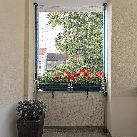 ALLEGRA Katzennetz für Balkon oder Fenster, Katzenschutznetz mit Halterung, Set mit Netz + 2X Teleskopstange ohne Bohren zum 