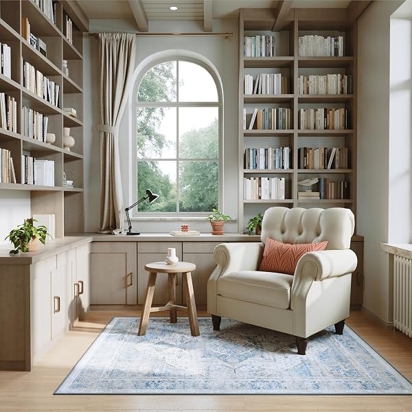 5X7 WASHABLE VINTAGE AREA RUG – DISTRESSED LIVING ROOM RUG NON-SLIP SOFT INDOOR CARPET STAIN RESISTANT FLOOR RUG FOR BEDROOM PLAYROOM DINING ROOM OFFICE, BLUE