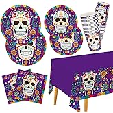 Day of the Dead Party Supplies Kit Serve 25, Includes Disposable Sugar Skull Dinner Plates, Dessert Plates, Napkins, Cups and Tablecloth, Día de los Muertos Party Decorations