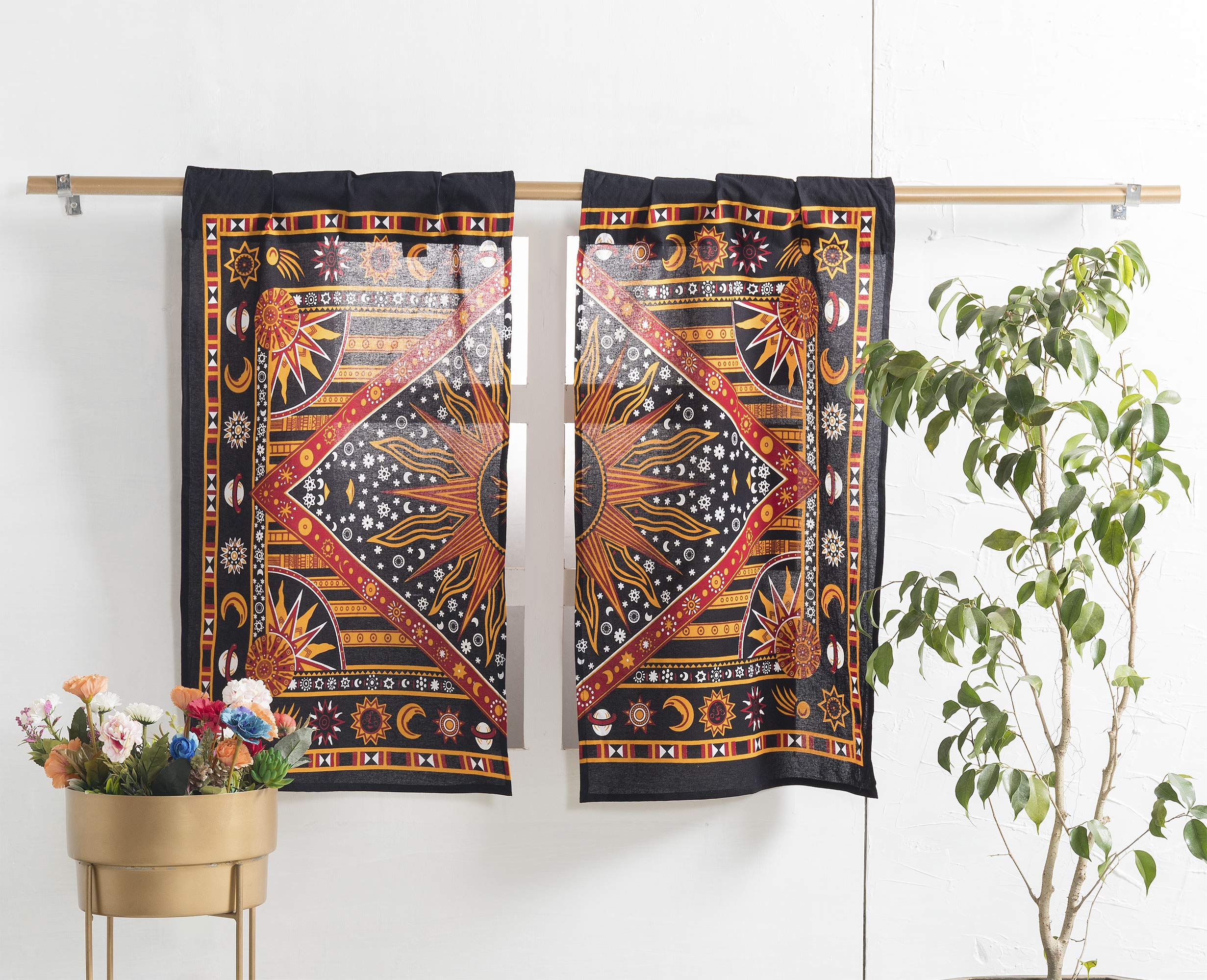 Popular Handicrafts Indian Burning Sun Hippie Mandala Kitchen Window Curtains - Gypsy Bohemian Sun Moon Beautiful Drapery Bedroom Living Room Balcony Valance Panels Golden