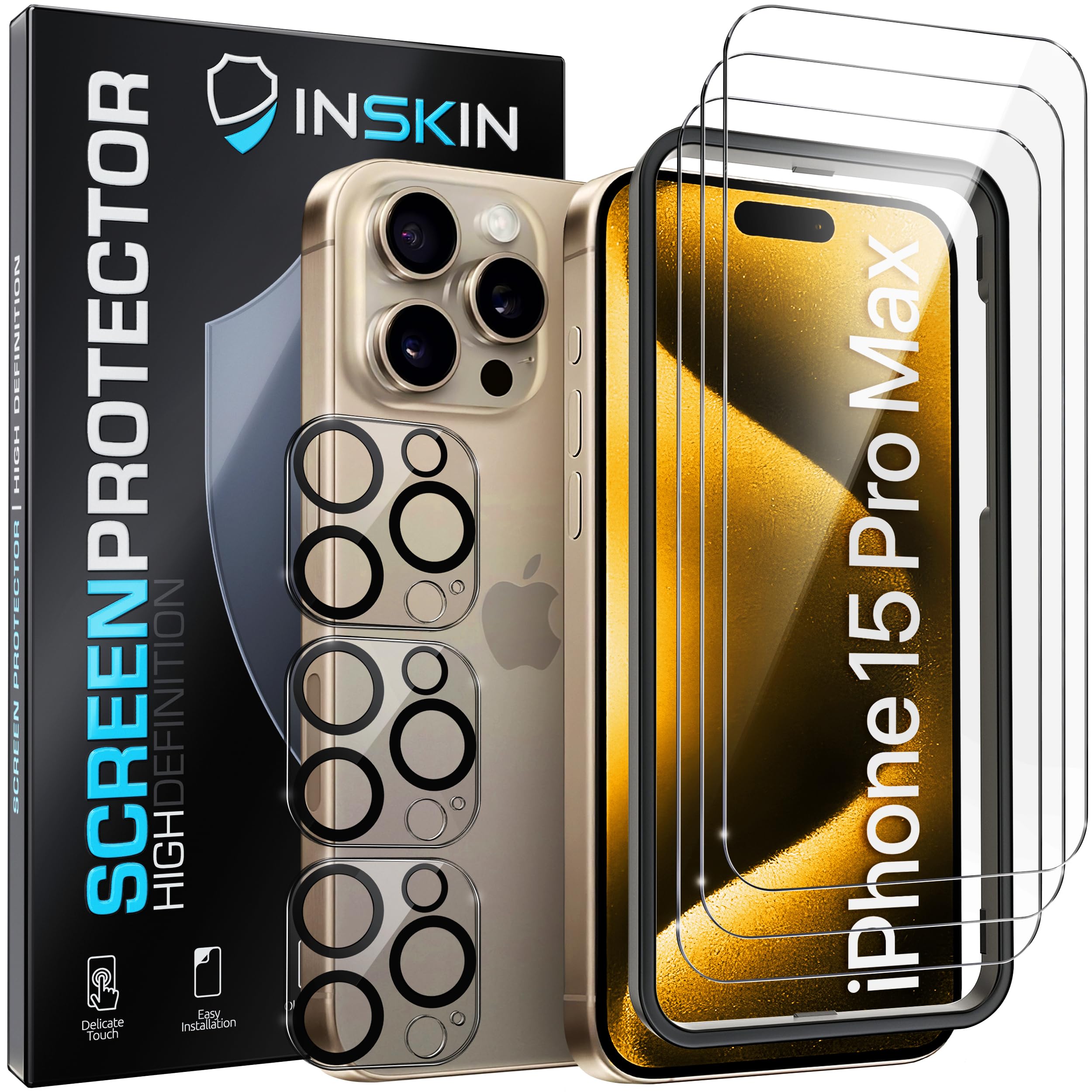 Inskin Tempered Glass Screen Protector for iPhone 15 Pro Max 6.7 inch [2023] - Ultimate 3+3 Bundle with Camera Lens Guard and Auto Alignment Tray - Ultra HD, Case Compatible