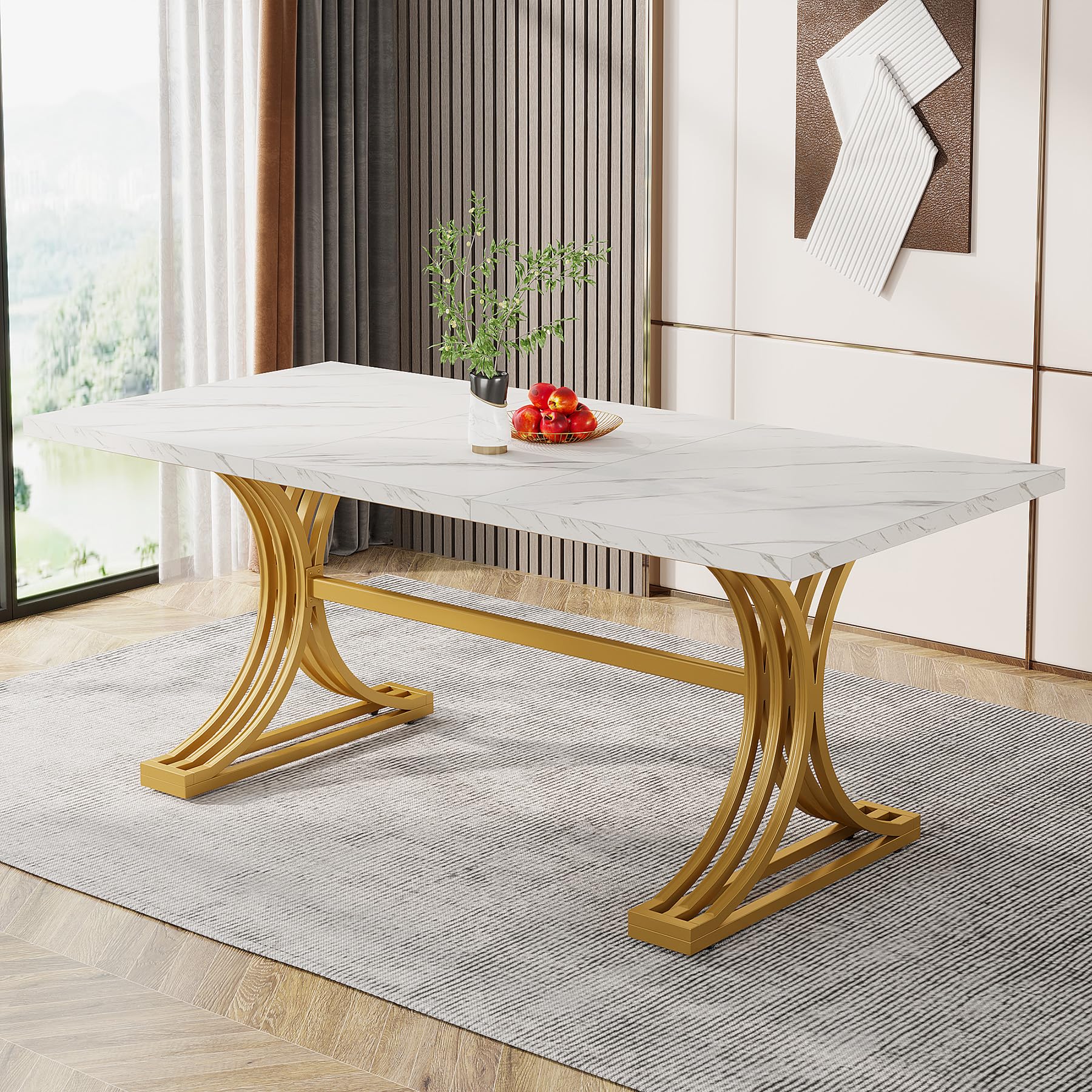 Photo 1 of **MISSING HARDWARE**Tribesigns 63-Inch Rectangular Dining Table for 4 to 6, Modern Kitchen Tables with Stylish Metal Trestle Legs, Large Dinner Tables for Dining Room, Only Table (White+Gold)