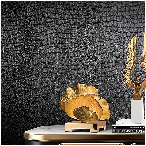 Cismmy Black Peel and Stick Wallpaper, 15.7'' X 118'' Crocodile Wallpaper Embossed Easy off Self Adhesive Removable Contact Paper Textured for Cabinet Bedroom with Knife Tape Measure (Cismmy 0001)