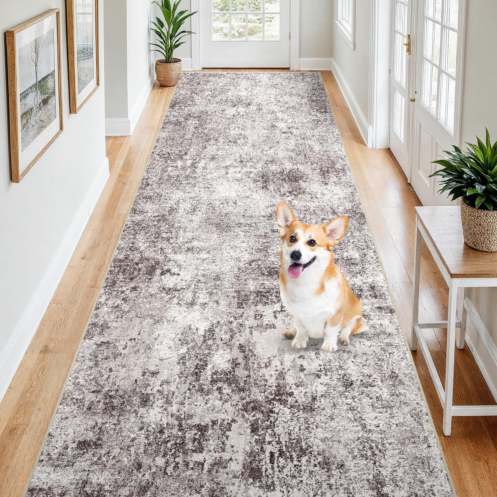 4x12 Washable Hallway Runner Rug - Wide Kitchen Runners Modern Abstract Low Pile Carpet Soft Thin Floor Mat with Non-Slip Rubber Backing for Entryway Living Room Bedroom Home Decor (Gray Cream,4x12) Image