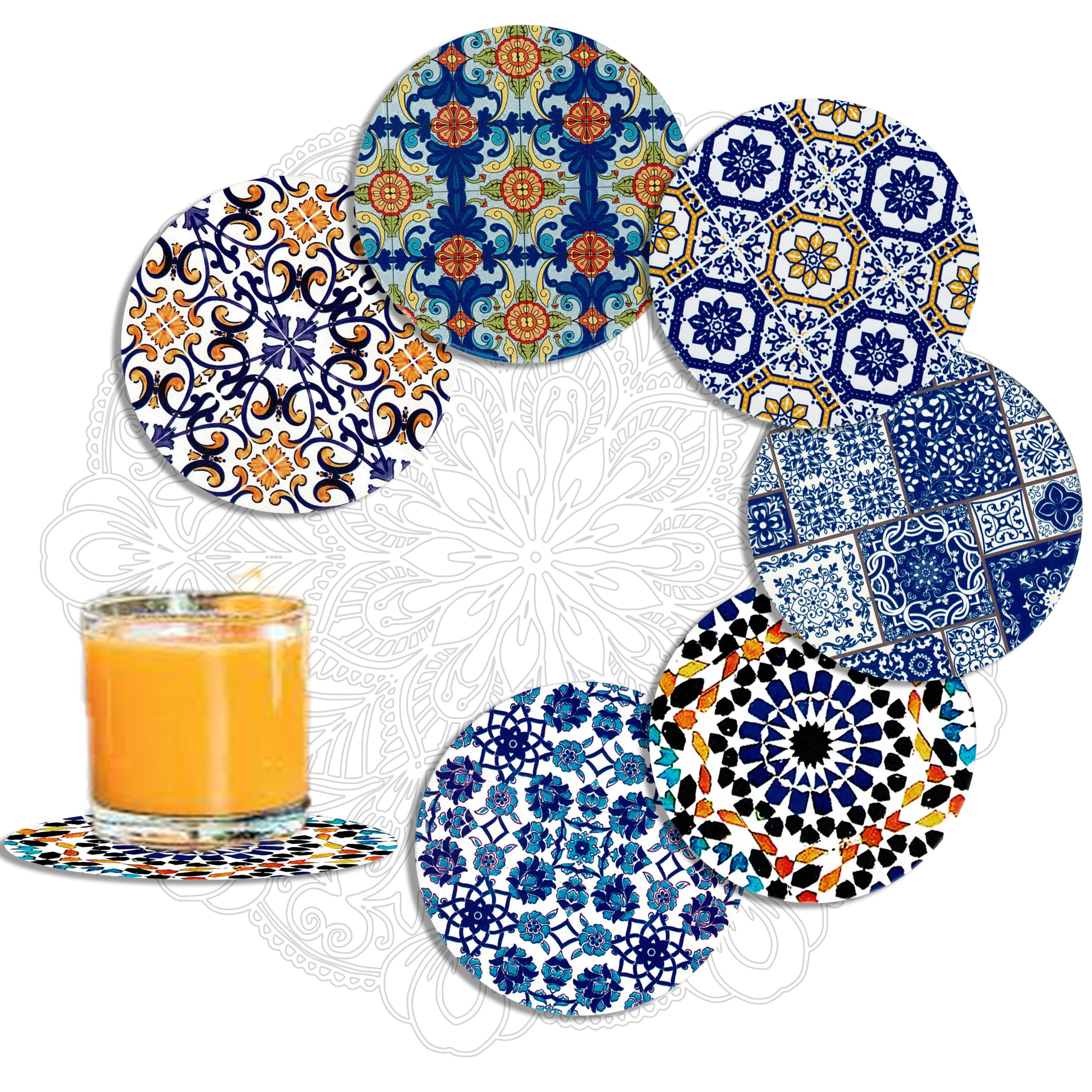 MALANGI Drink Coasters Set of 6 - Ceramic Turkish Coasters - Absorbent Giftable Coaster - Non-Scratch Top & Non-Slip Cork Base (Style 2 Without stand)