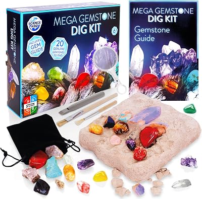 Science Kidz Mega Gemstone Dig Kit - 20 Real Gems & Crystals - Excavation Set