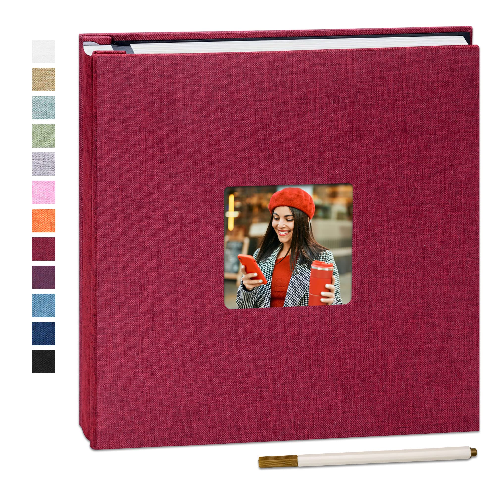Yopih Self Adhesive Photo Album 28x27cm Fits 10x15 8x13 13x18 15x20 20x25 cm Photo Scrapbook with Window 40 Pages Linen Cover with A Metallic Pen DIY Memory Book for Baby Wedding Family Red