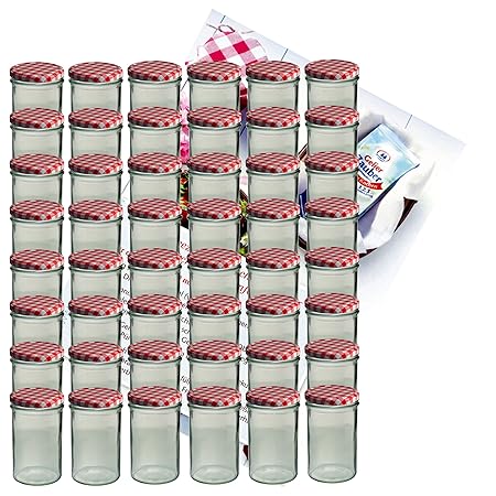 MamboCat 48er Set Sturzglas 435 ml Marmeladenglas Einmachglas Einweckglas to 82 rot Karierter Deckel Incl. Diamant-Zucker Gel