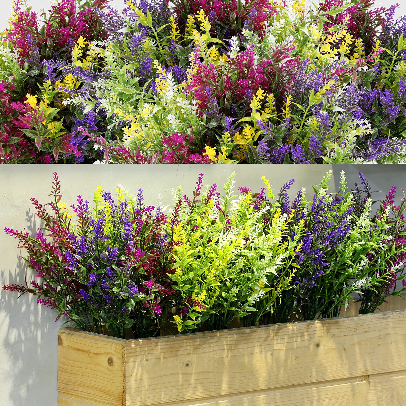 Xinnun 24 Bundles Flowers Outdoor Plants Fake Lavender Plant Artificial Greenery Decoration UV Resistant Plastic Faux Flowers for Home Garden Porch Courtyard Outdoor Indoor
