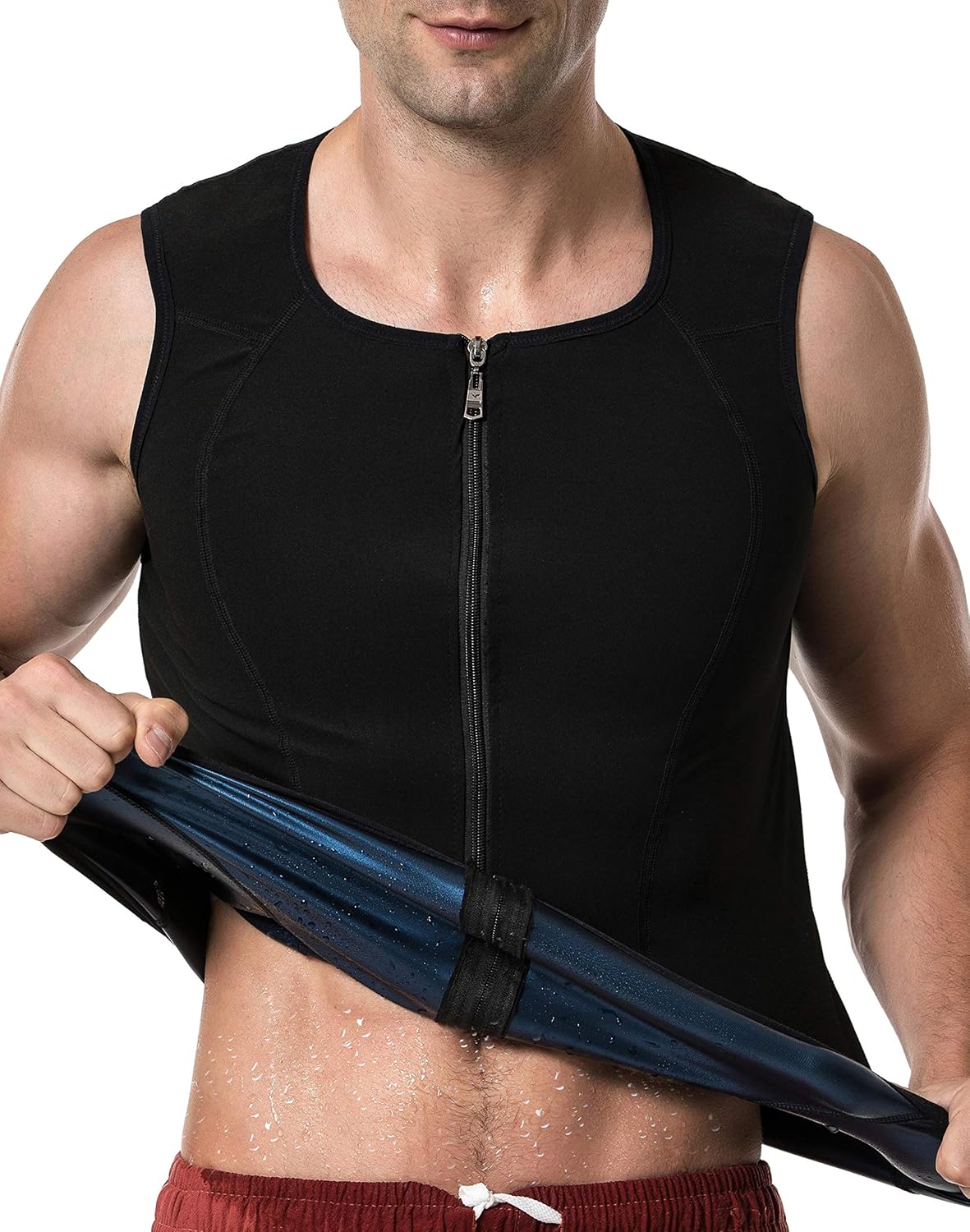 MOLLDAN Mens Polymer Sauna Vest Sweat Slimming Tank Top with Zipper: Clothing