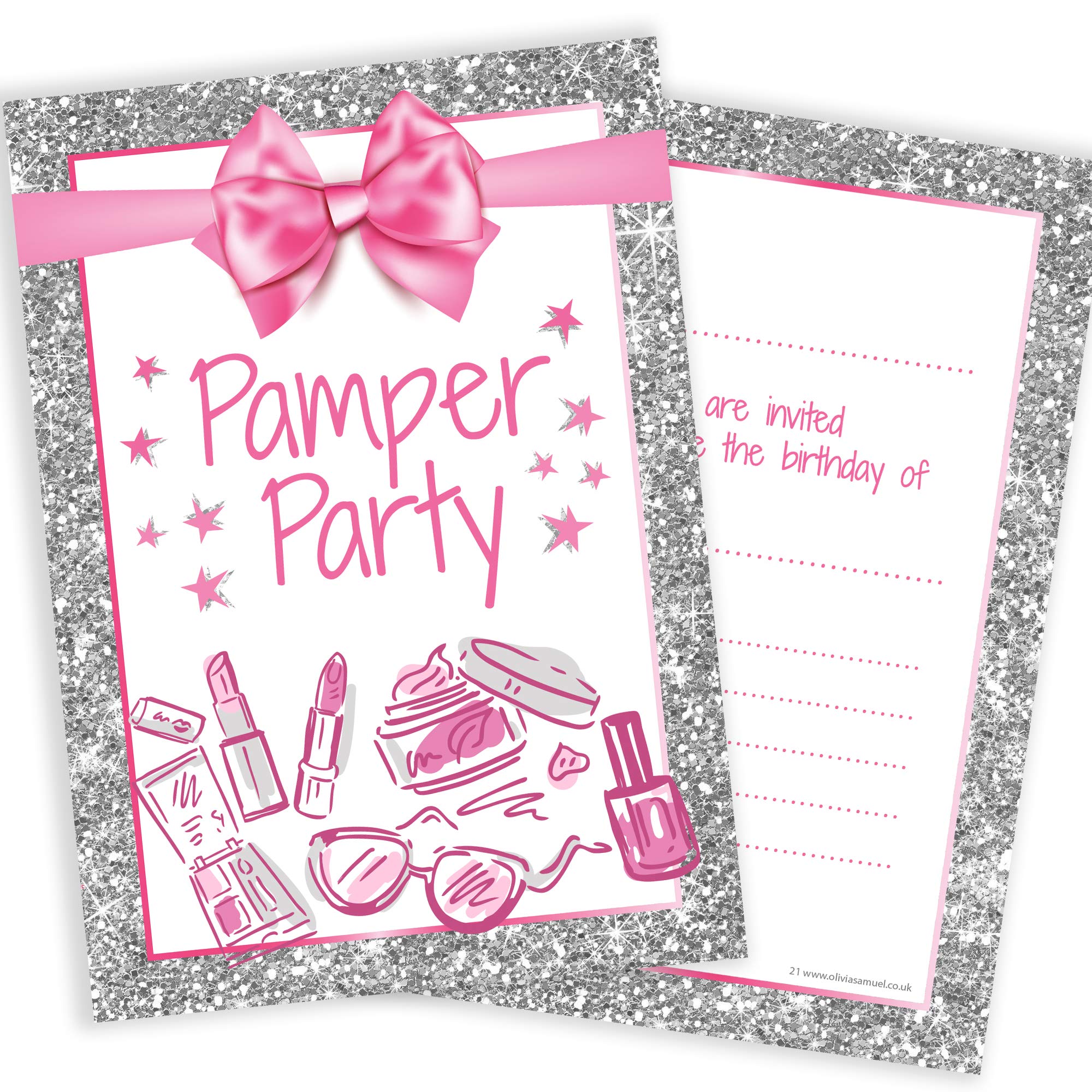 Olivia Samuel 20 x Pamper Party Invitations - Girl/Teen Birthday Invites - Pink and Photo Effect Silver Glitter Effect - A6 Postcard Size with envelopes