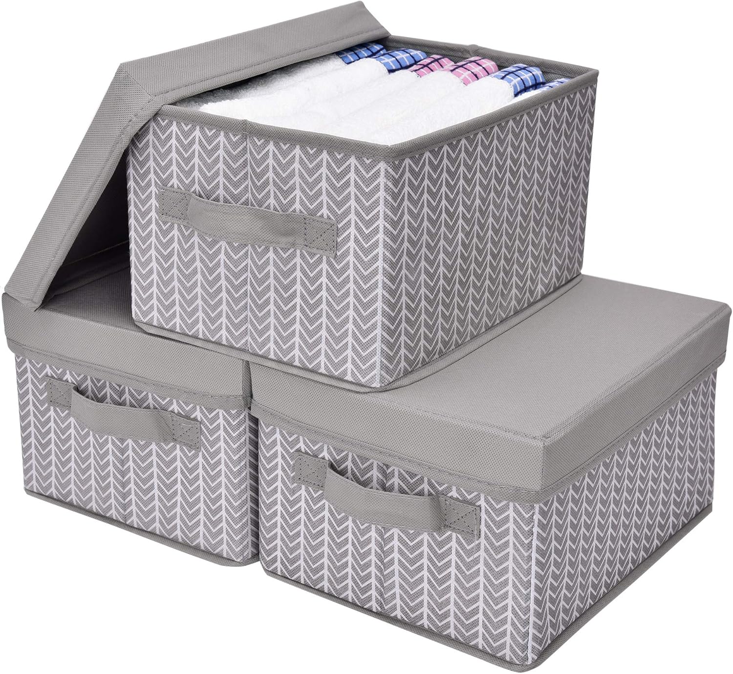 GRANNY SAYS Storage Bins for Closet with Lids and Handles, Rectangle Storage Box, Fabric Storage Baskets Containers, Gray/White, Medium, 3-Pack