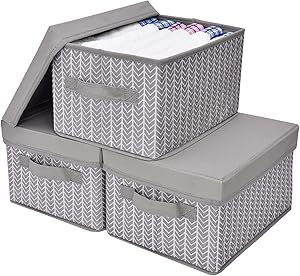GRANNY SAYS Storage Bins for Closet with Lids and Handles, Rectangle Storage Box, Fabric Storage Baskets Containers, Gray/White, Medium, 3-Pack