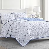 Martha Stewart 100% Cotton 3-Pc Reversible Quilt Set, Washed, Percale, Light Blue/White, 1 Quilt, 2 Std Shams, Soft and Breathable, Lightweight, Ditsy Floral Printed Bedspread, Full/Queen Size