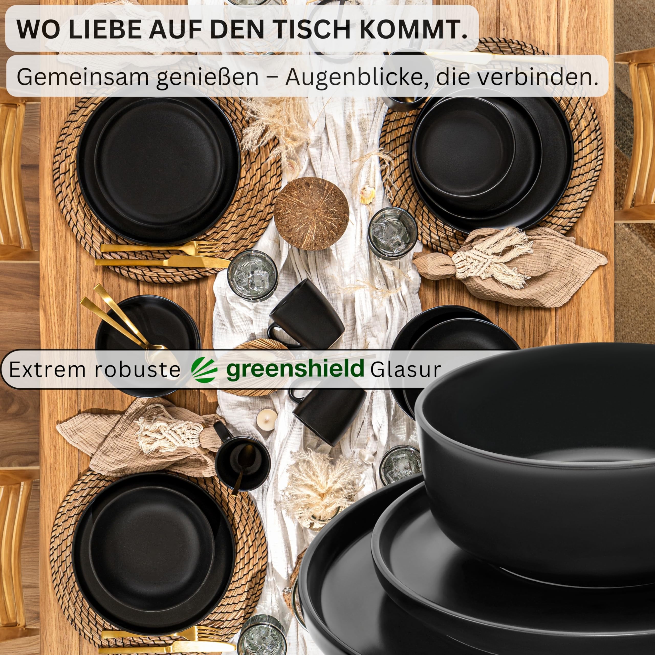 SÄNGER Madeira | Steingut Geschirr Set 18 tlg, Teller Set 6 Personen, Geschirrset 6x Speiseteller 6x Müslischalen 6x Dessertteller, Tafelservice schwarz kratzfest, Essgeschirr matt | VALUE COLLECTION 4