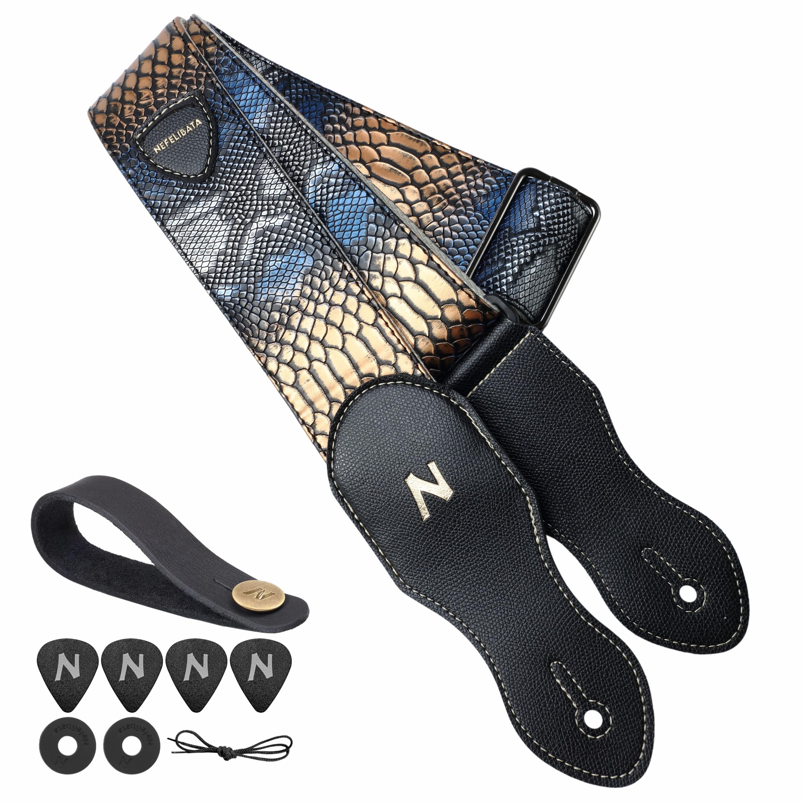 Nefelibata Guitar Strap with Pick Pocket, 2.3 inch Vegan Leather Snakeskin Pattern Guitar Straps, 60s Vintage Style