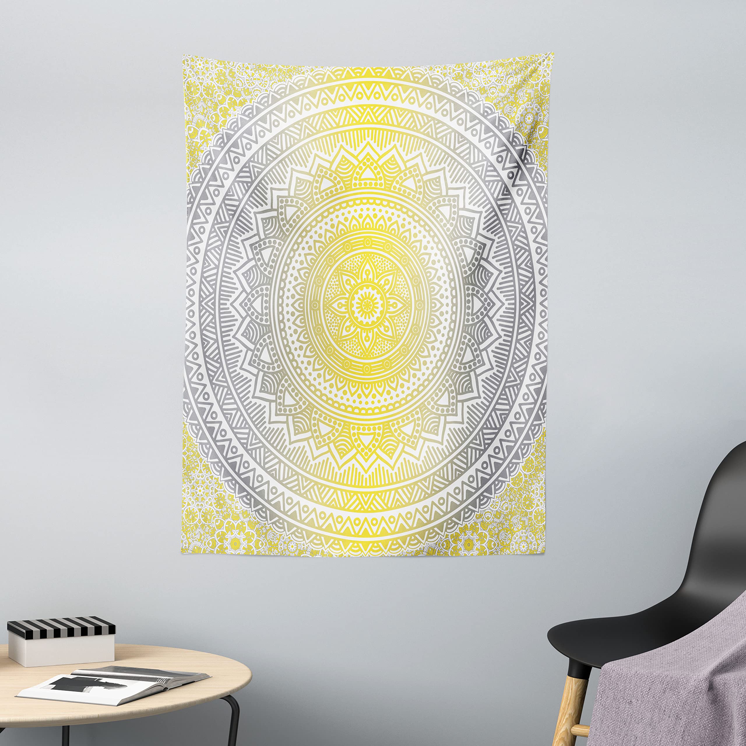 ABAKUHAUS Grey and Yellow Tapestry, Soft Pastel Color Ombre Mandala Circular Art Medallion Print, Fabric Wall Hanging Decor for Bedroom Living Room Dorm, 43 W X 58 L, Grey Yellow