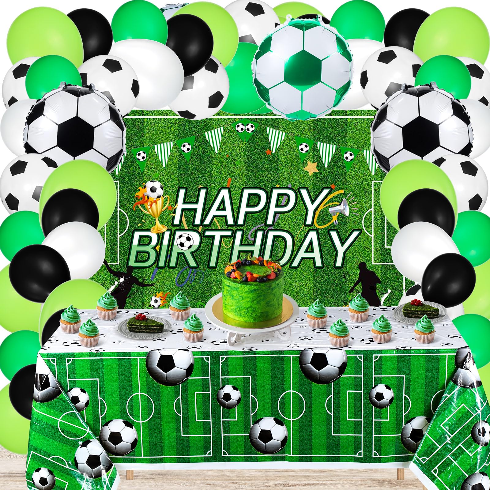 Photo 1 of 122 Pcs Soccer Themed Birthday Party Supplies Soccer Party Decorations Include Soccer Backdrop Soccer Balloons Plastic Soccer Table Covers Tablecloth Soccer Theme Sport Activity for Kid Adult