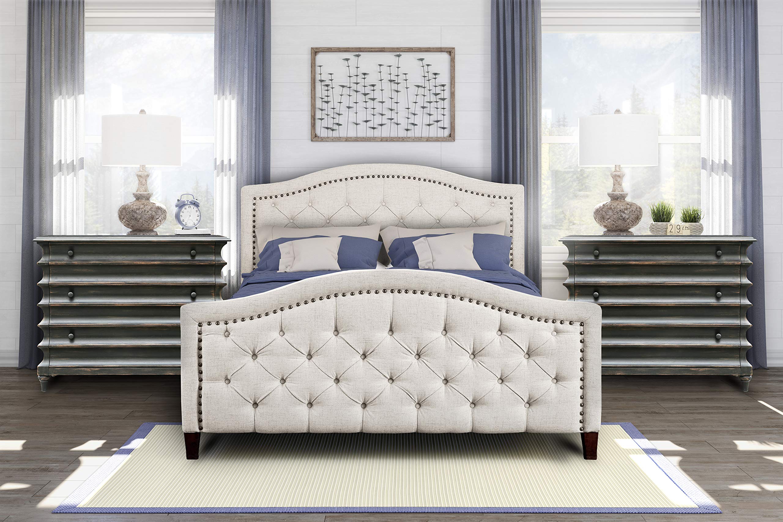 Pulaski Button Tufted Upholstered Queen Bed Platform, Beige, (2 boxes)